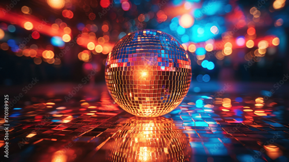 Golden disco ball shining amidst a fiery light display, setting the stage for a night of glamorous festivities. - obrazy, fototapety, plakaty 