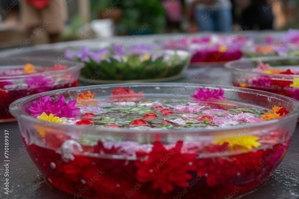 Transparent water with enchanting flowers, perfect for Thai Songkran festivities. Generative AI