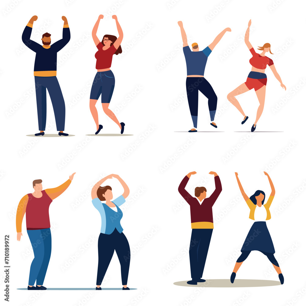 Group of four people dancing joyfully, two men and two women in casual attire. Happy leisure activity and dance concept vector illustration.