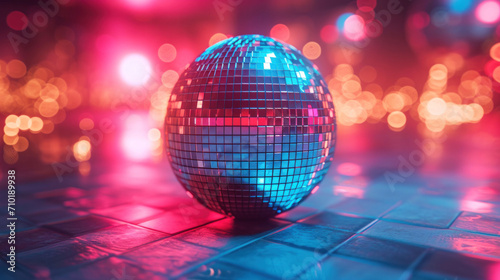 A solitary blue disco ball casts a cool hue over the dance floor, embodying the essence of night club serenity.