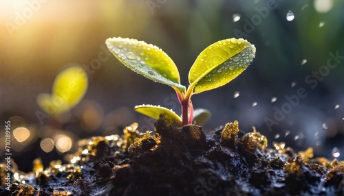 Close up young plant in sunlight in morning , growth new life concept. 