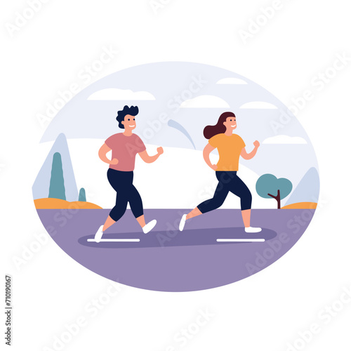 Young man and woman jogging together on road. Casual running workout in nature. Fitness couple running, outdoor exercise vector illustration.