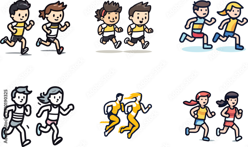 Set of diverse couples jogging together, engaged in a healthy, active lifestyle. Cartoon characters running, fitness exercise. Vector illustration Set of diverse couples jogging together, engaged in a healthy, active lifestyle. Cartoon characters running, fitness exercise. Vector illustration