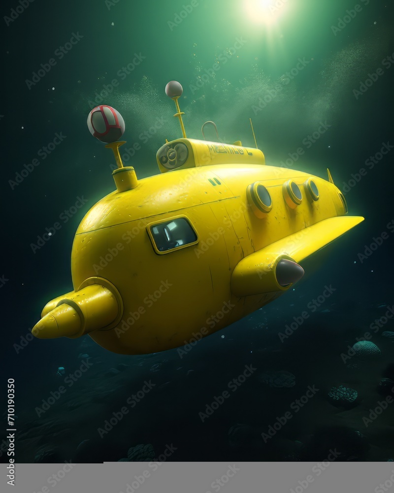 yellow submarine at the bottom of the sea