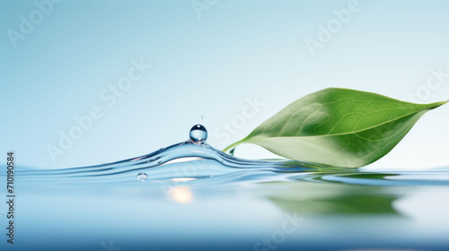 Single green leaf on the water's surface, capturing the essence of purity and the environment's serenity. photo