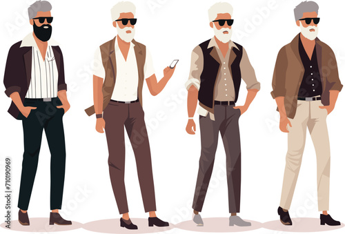 Stylish senior man fashion poses. Elderly male character in different outfits. Fashionable older gentleman casual wear vector illustration.