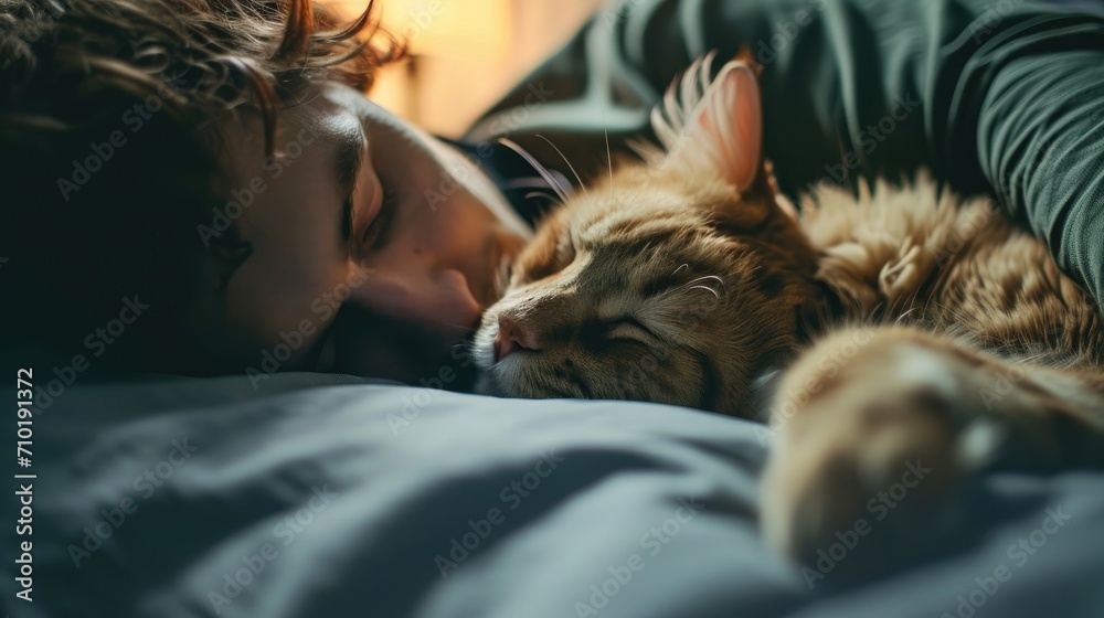 A peaceful moment captured as a man and his beloved domestic cat nap in the warm sun, their bond evident in their relaxed lying positions A peaceful moment captured as a man and his beloved domestic cat nap in the warm sun, their bond evident in their relaxed lying positions