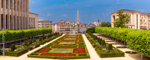 Typical belgian houses on Mont des Arts area at night in Brussels, Belgium photo