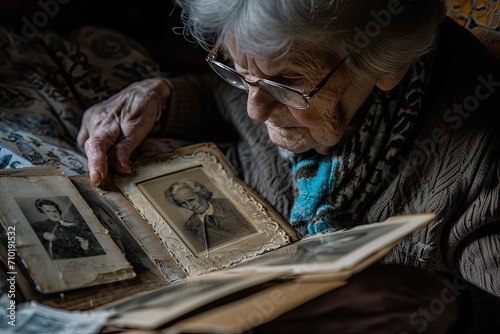 Lost in memories, a woman in glasses sits indoors, her face illuminated by the pages of an old album she holds dear
