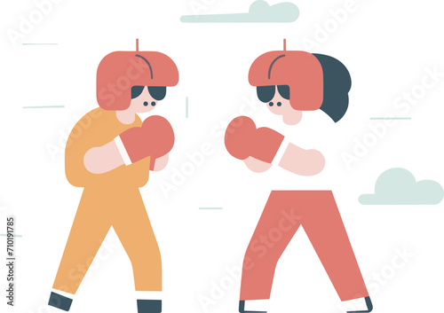 Two cartoon people in boxing gear sparring outdoors. Stylized male and female boxers training, showing focus and determination vector illustration.