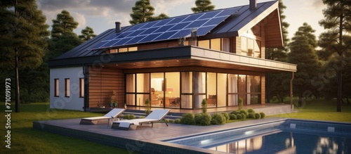 Contemporary home with rooftop solar cells for alternative energy. photo