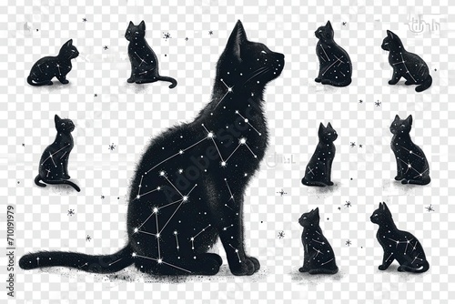 A playful gathering of majestic felines adorned with twinkling stars, surrounded by a snowy wonderland photo