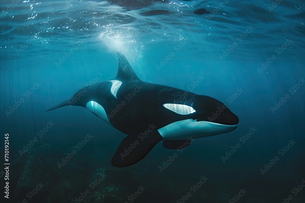 Obraz premium Graceful and majestic, a black and white cetacean glides through the ocean depths, its powerful fin propelling it forward in a mesmerizing display of marine biology