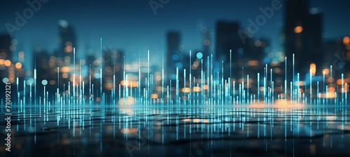Abstract blurred bokeh background with financial technology symbols and dynamic light streaks