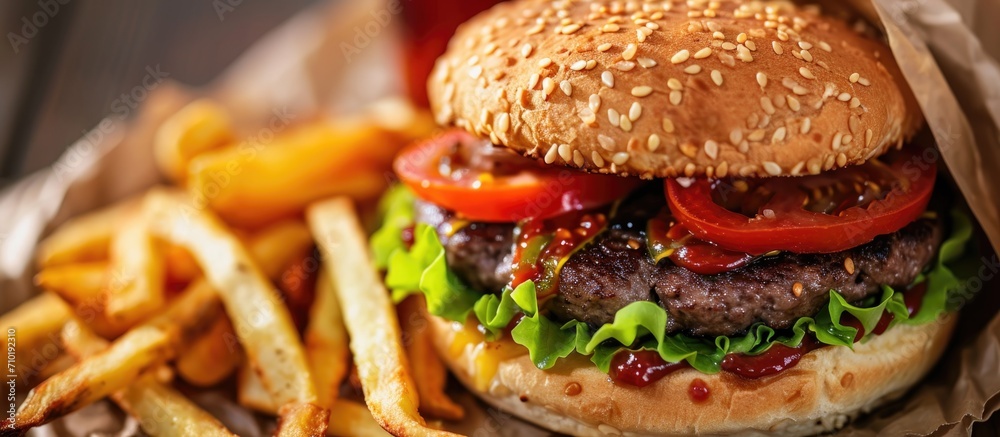 Deluxe beef burger with fries and beverage Deluxe beef burger with fries and beverage