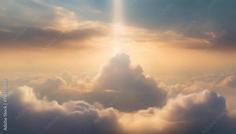 Radiant sunset above billowing clouds, a heavenly abstract illustration in extra-wide format exuding hope and divine beauty