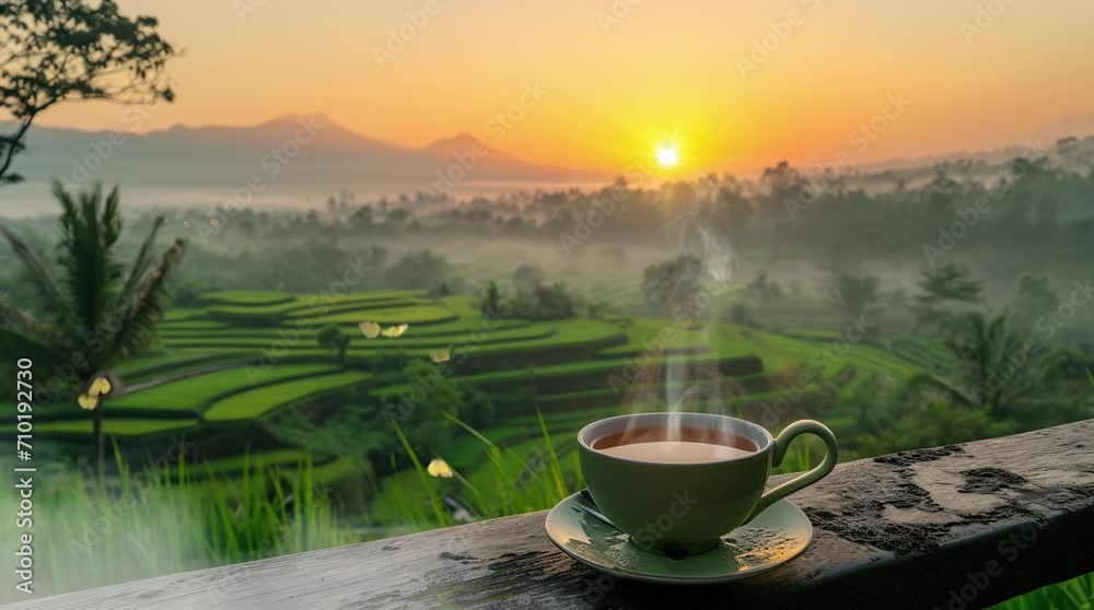 cup of tea on rice field background Seamless looping 4k time-lapse virtual video animation background. Generated AI cup of tea on rice field background Seamless looping 4k time-lapse virtual video animation background. Generated AI