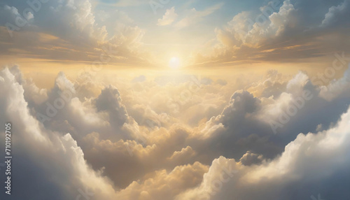 Radiant sunset above billowing clouds, a heavenly abstract illustration in extra-wide format exuding hope and divine beauty photo
