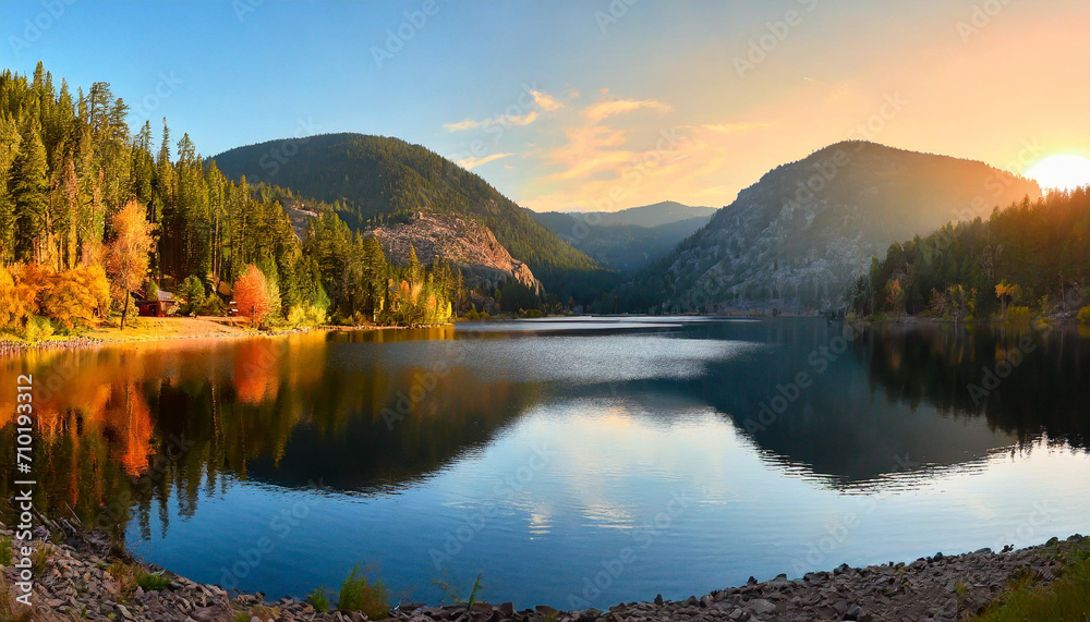 autumn sunset over Donner Lake, reflecting the stunning mountain panorama – a captivating blend of nature's beauty and seasonal transitions