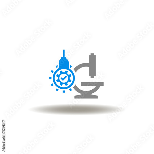 Vector illustration of microscope and lightbulb with gear and check mark. Icon of innovation discovery research. Symbol of grant funding.