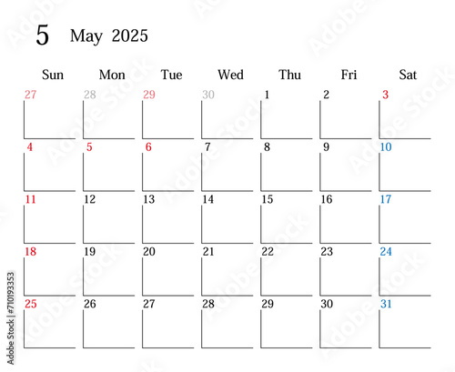 2025年5月、日本のカレンダー