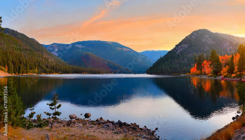 autumn sunset over Donner Lake  reflecting the stunning mountain panorama     a captivating blend of nature s beauty and seasonal transitions