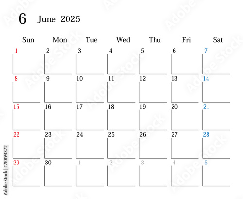 2025年6月、日本のカレンダー