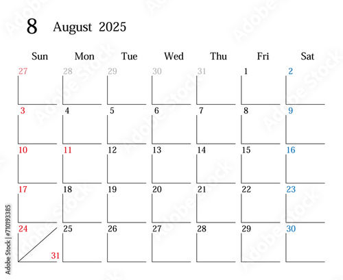 2025年8月、日本のカレンダー