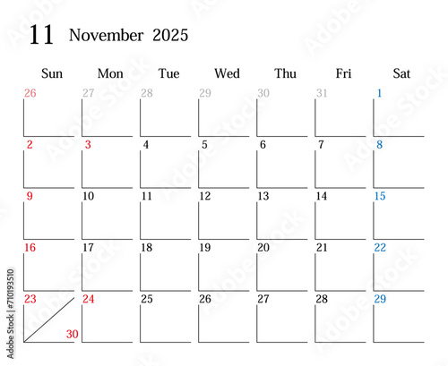 2025年11月、日本のカレンダー
