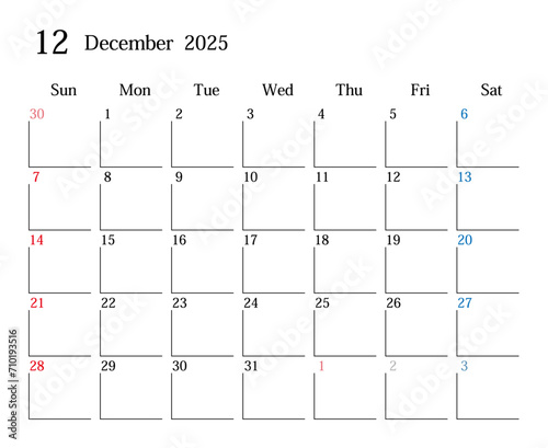 2025年12月、日本のカレンダー
