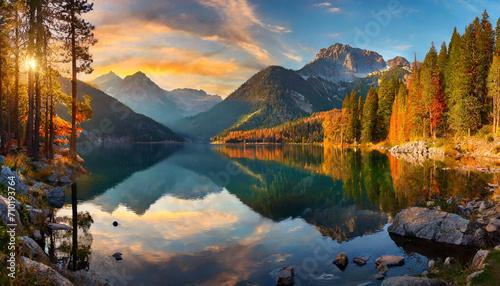 autumn sunset over Donner Lake, reflecting the stunning mountain panorama – a captivating blend of nature's beauty and seasonal transitions photo