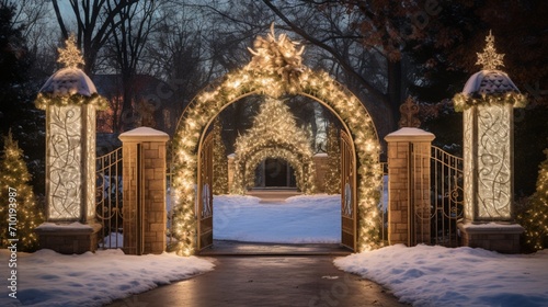 A majestic Christmas gate adorned with sparkling lights and wreaths