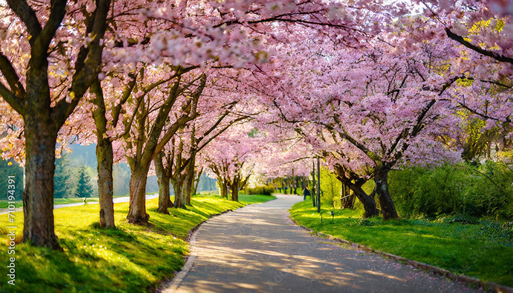 Sakura cherry blossoms, creating a mesmerizing alleyway Sakura cherry blossoms, creating a mesmerizing alleyway