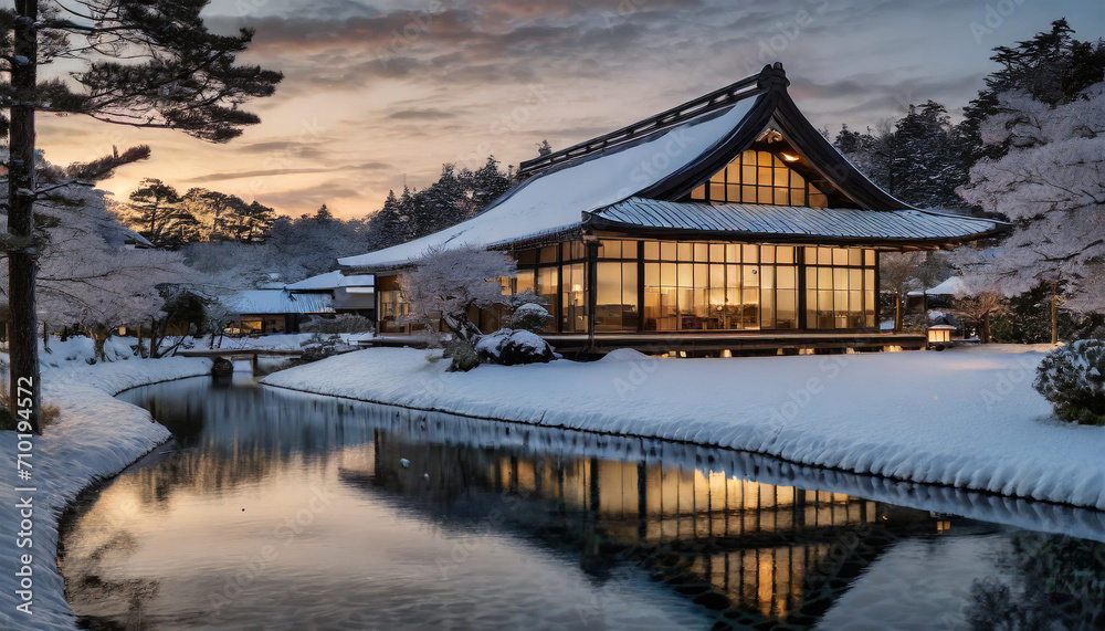 Serenity at sunset: Traditional Japanese house with a dark Onsen, nestled in a classic garden, embodying tranquility and timeless elegance