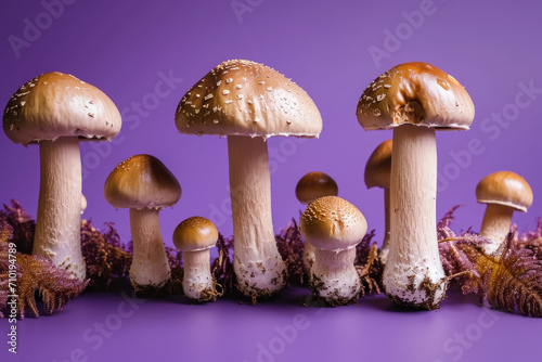 Mushrooms with studio light, cool tone. Background with selective focus and copy space