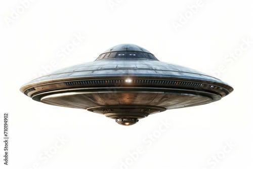 Flying saucer, alien spaceship, UFO on white. Background with selective focus and copy space