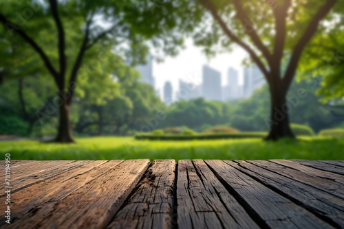 Empty Wooden Tabletop with Blurry City Park Background