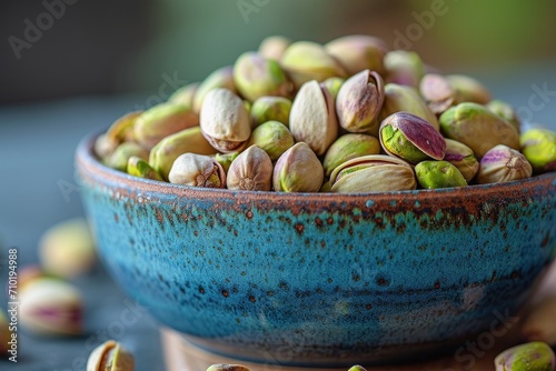 A bowl of crunchy, savory nuts nestled in a deep blue bowl, surrounded by vibrant green plants, creating a delectable display of natural food and inviting comfort