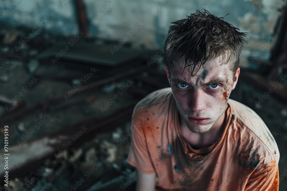 A rugged man with blood-stained features gazes fiercely, his disheveled clothing and exposed flesh a testament to his struggle in the gritty outdoor setting A rugged man with blood-stained features gazes fiercely, his disheveled clothing and exposed flesh a testament to his struggle in the gritty outdoor setting