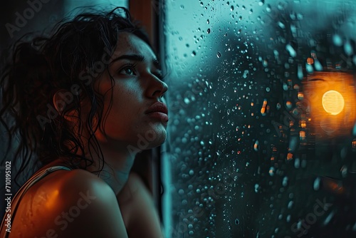 Captivated by the soft light pouring through the window, a woman gazes out, lost in thought as her face reflects the delicate beauty of a floating bubble, creating a stunning portrait of human contem