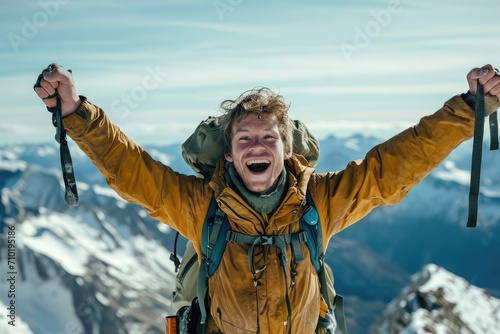 Embracing the snowy peak, a fearless mountaineer stands tall, adorned in winter gear, ready to conquer the glacial landforms with his trusty trekking pole and skis photo