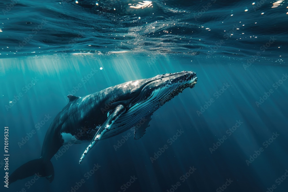 Fototapeta premium A majestic cetacean gracefully navigates the depths of the ocean, its powerful fins propelling it through the water as it peacefully coexists with other marine creatures such as fish and sharks