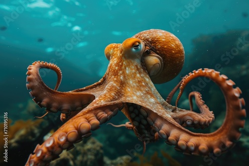 An elegant cephalopod gracefully glides among vibrant corals, embodying the captivating beauty of marine invertebrates in their natural underwater habitat photo