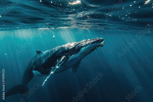 A majestic cetacean gracefully navigates the depths of the ocean, its powerful fins propelling it through the water as it peacefully coexists with other marine creatures such as fish and sharks © AiAgency