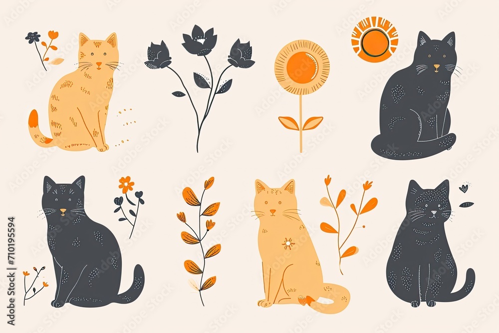 An enchanting illustration of domestic cats surrounded by a colorful array of flowers, capturing the delicate beauty and playful nature of these beloved felidae companions