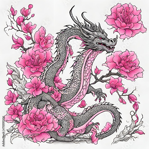 Fantasy Dragon with Pink Flowers 