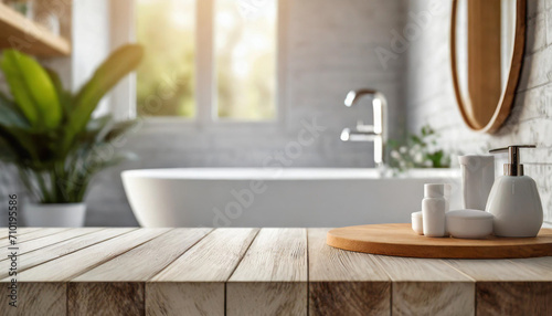 Serene white bathroom interior with minimalist design, showcasing an empty wooden tabletop for product display, featuring blurred bathroom elements. Clean, modern, and inviting