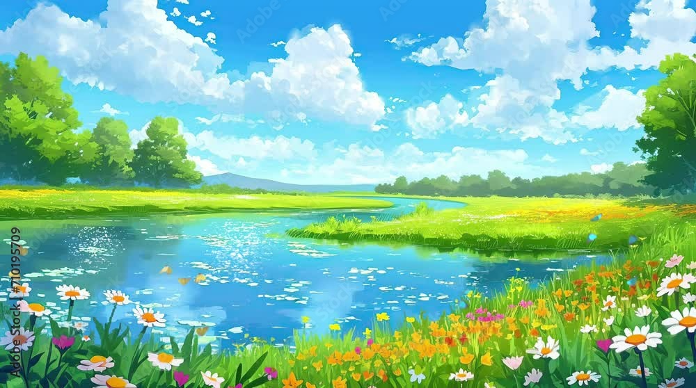 beautiful grass field and river on suny day Seamless looping 4k time-lapse virtual video animation background. Generated AI