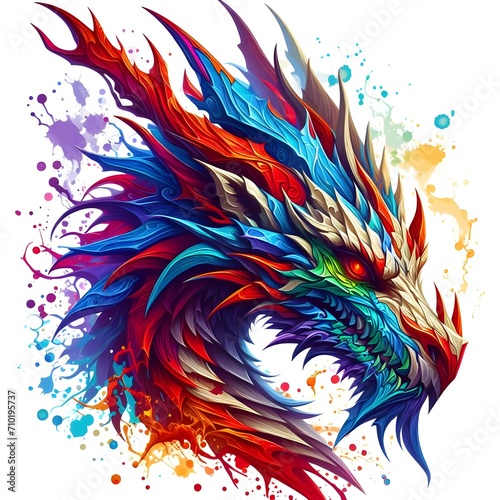Dragon head, splash style of colorful paint, contour, hyper detailed. 