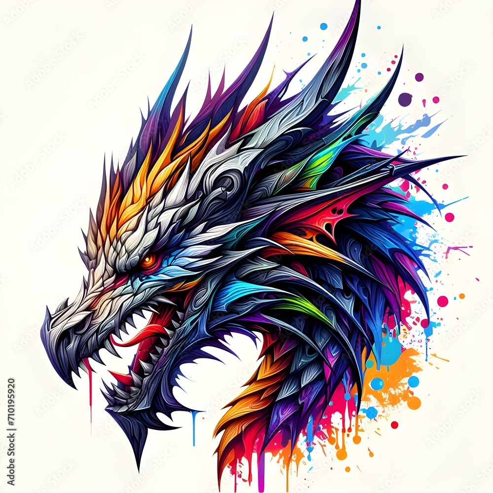 Dragon head, splash style of colorful paint, contour, hyper detailed. 